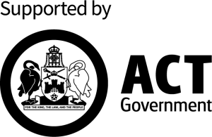 'Supported by ACT Government' logo: circular crest containing a shield and two animals, with bold 'ACT Government' text to the right.