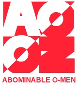 Logo for 'ABOMINABLE O-MEN' with bold red geometric letters on a white background.