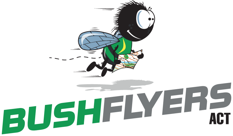 Logo of BushFlyers Act with a cartoon fly running while holding a map, blue wings visible, bold green and gray wordmark.