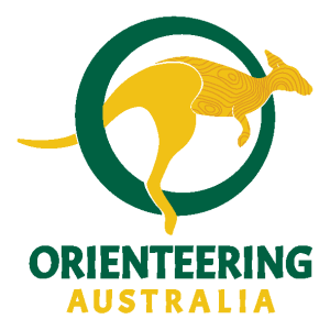 Logo: Orienteering Australia. A yellow/gold kangaroo is jumping though a green O.