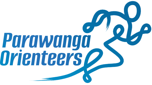 Parawanga Orienteers logo with blue script text and an abstract looping runner trail.