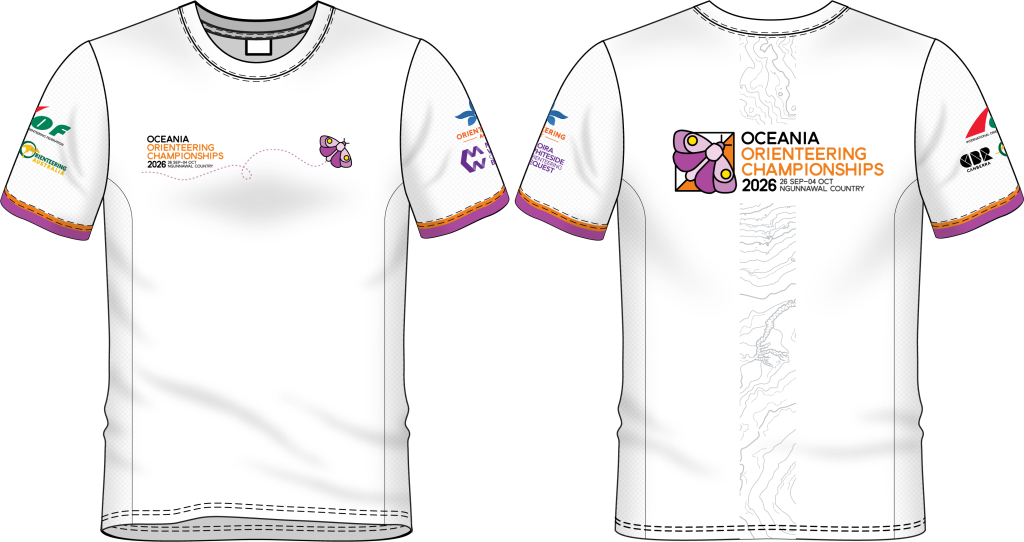 Front and back of a white competition jersey for the Oceania Orienteering Championships 2026, with orange event text, a purple butterfly motif, and purple-orange sleeve trim; sponsor logos on sleeves and chest. Back shows a light vertical wave pattern along the spine.